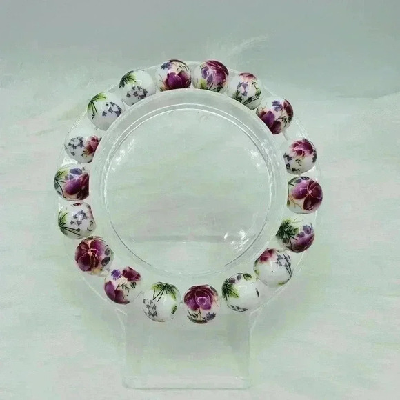 Chinese-Style Ceramic Floral Beaded Stretch Bracelet - Picture 4 of 6